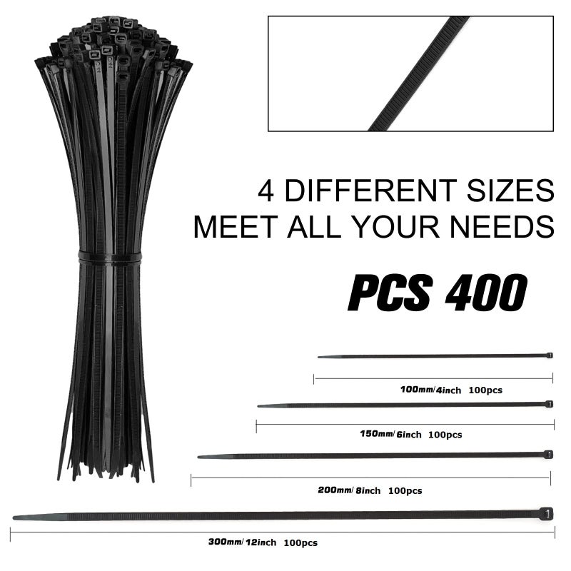 Cable Ties: 400-Piece Black Nylon 4-Size Assortment - Self-Locking Secure Hold, Weather-Resistant Durable Build for Home Organization, Outdoor Projects, Office Cable Management - Image 2