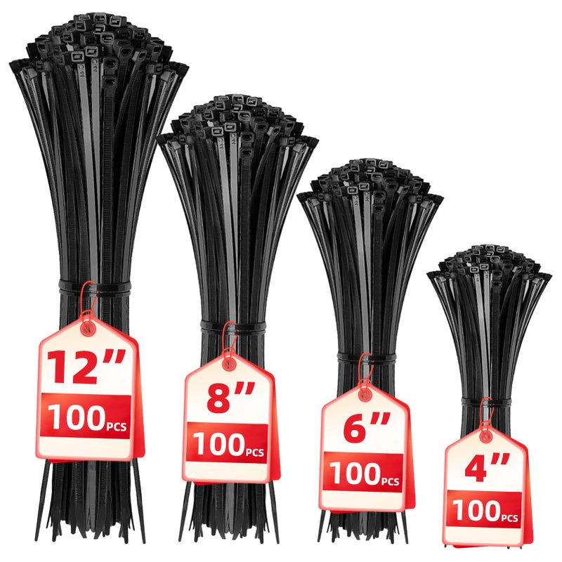 Cable Ties: 400-Piece Black Nylon 4-Size Assortment - Self-Locking Secure Hold, Weather-Resistant Durable Build for Home Organization, Outdoor Projects, Office Cable Management - Image 1