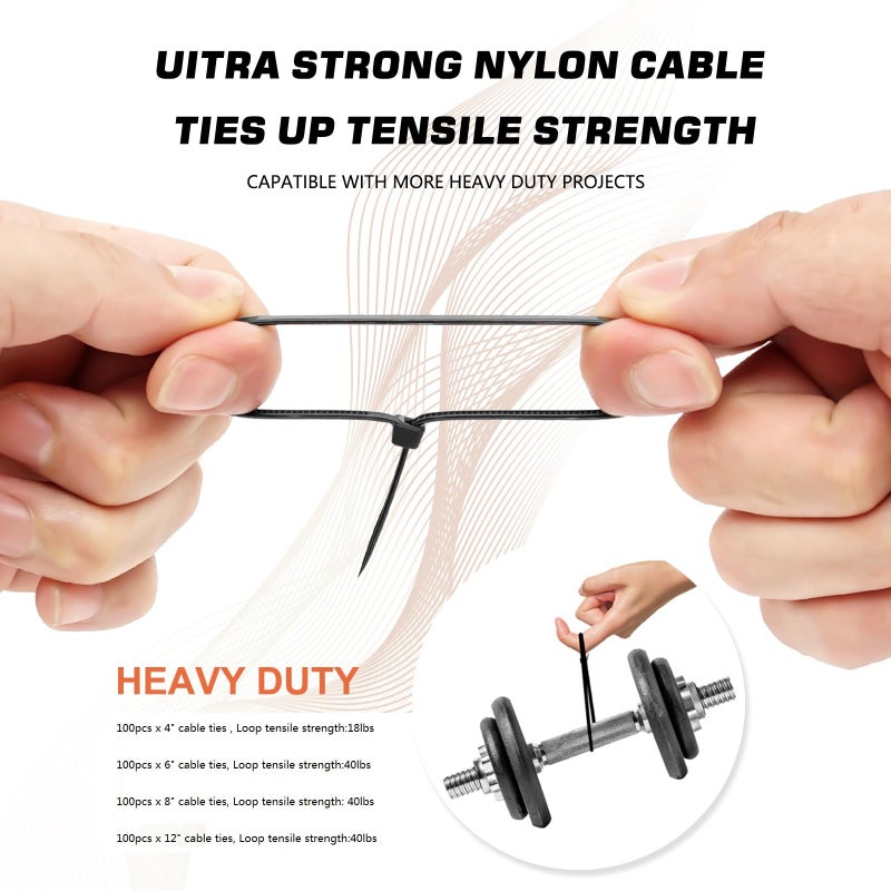 Cable Ties: 400-Piece Black Nylon 4-Size Assortment - Self-Locking Secure Hold, Weather-Resistant Durable Build for Home Organization, Outdoor Projects, Office Cable Management - Image 4