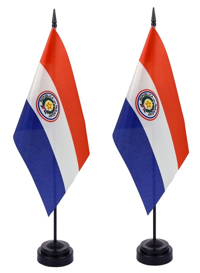 WXTWK 2 Pack Paraguay Flag Paraguay Deluxe Desk Flag Set - Mini Small Paraguay Table Office Flags with Black 12" Solid Pole Stand Base Classroom Meeting Desktop Decorations - Image 1