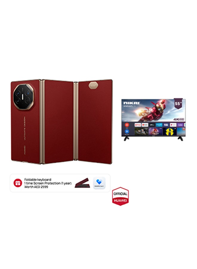 HUAWEI Mate XT Ultimate Design Triple Fold Dual SIM Red 16GB RAM 512GB + Keyboard + 1 year Huawei Care Plus + Nikai 55inch 4K UHD Smart LED TV - Middle East Version - Image 1
