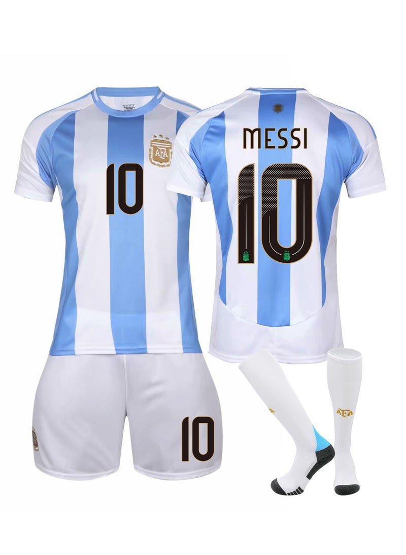 عام مجموعة هدايا قميص منزلي للمنتخب الأرجنتيني 2024-2025 ميسي رقم 10، تشمل قميص كرة القدم/شورت/جوارب، متوفرة في أحجام الأطفال والكبار، هدية لأصدقاء المشجعين - Image 1