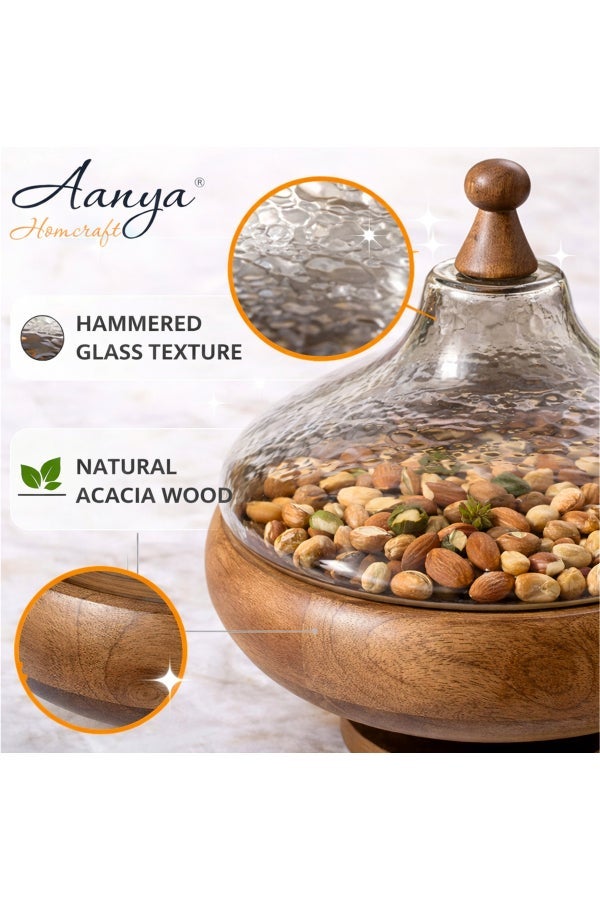 Aanya Homecraft وعاء تقديم دائري من خشب الأكاسيا 29 سم مع قاعدة خشبية وغطاء زجاجي مطروق - وعاء زخرفي يدوي لتقديم الوجبات الخفيفة والسلطات للهدايا والطعام، 25 سم، بني طبيعي - Image 4