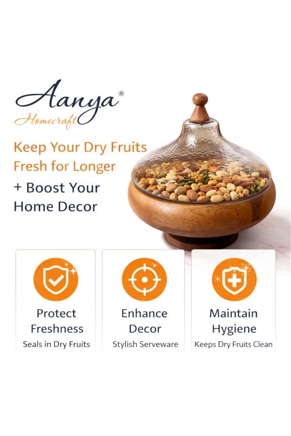 Aanya Homecraft وعاء تقديم دائري من خشب الأكاسيا 29 سم مع قاعدة خشبية وغطاء زجاجي مطروق - وعاء زخرفي يدوي لتقديم الوجبات الخفيفة والسلطات للهدايا والطعام، 25 سم، بني طبيعي - Image 5