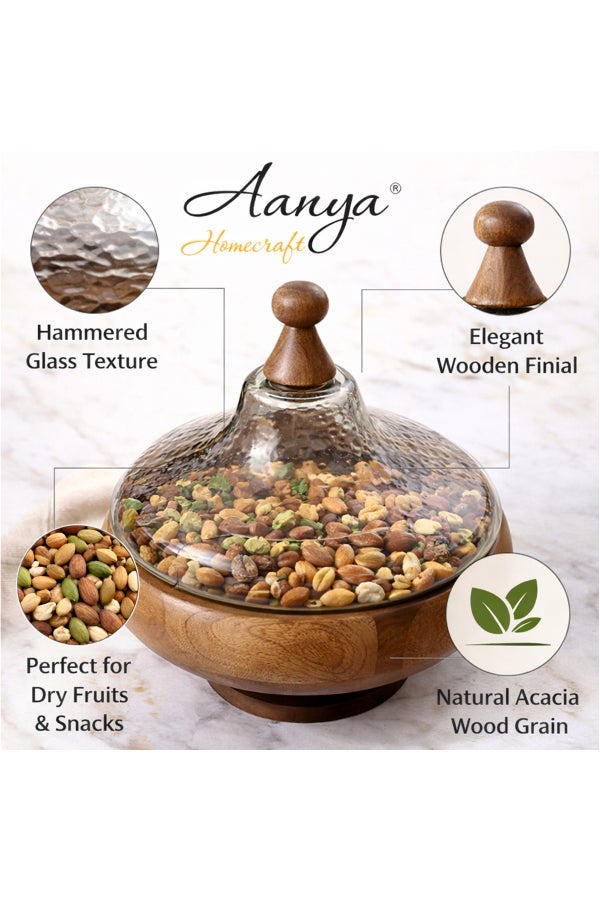Aanya Homecraft وعاء تقديم دائري من خشب الأكاسيا 29 سم مع قاعدة خشبية وغطاء زجاجي مطروق - وعاء زخرفي يدوي لتقديم الوجبات الخفيفة والسلطات للهدايا والطعام، 25 سم، بني طبيعي - Image 3