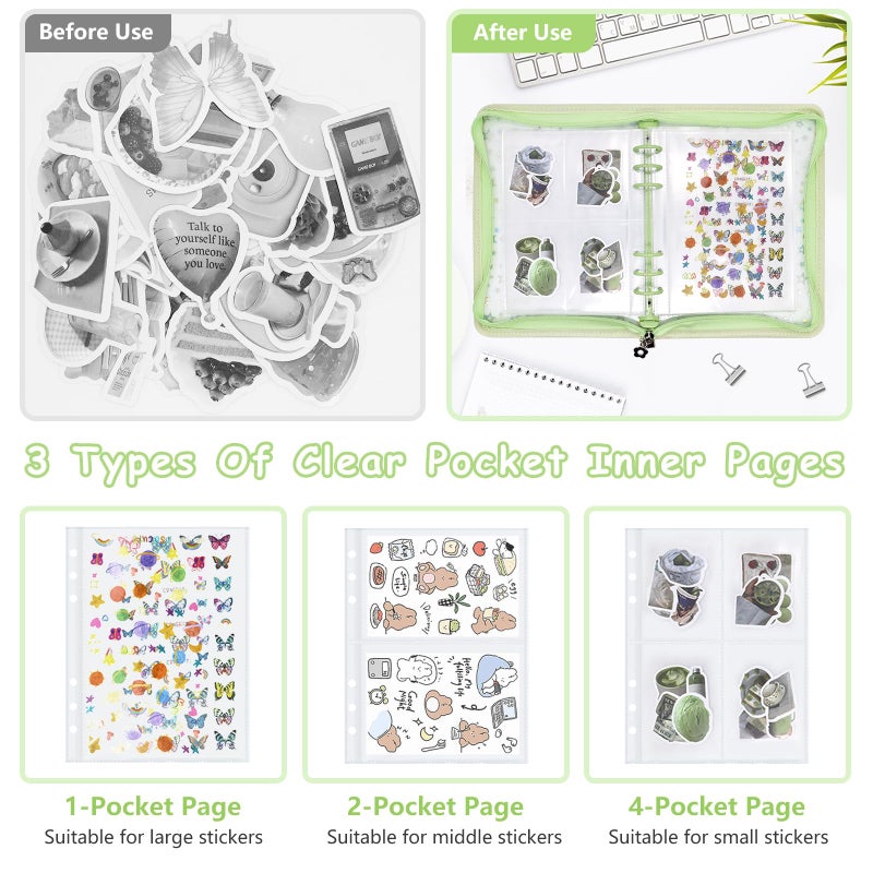 Ruatu Sticker Organizer Binder - Reusable Sticker Collecting Book Storage Album Holder with Pocket Pages A5 Zipper Cover Collection Container (Green) - Image 3