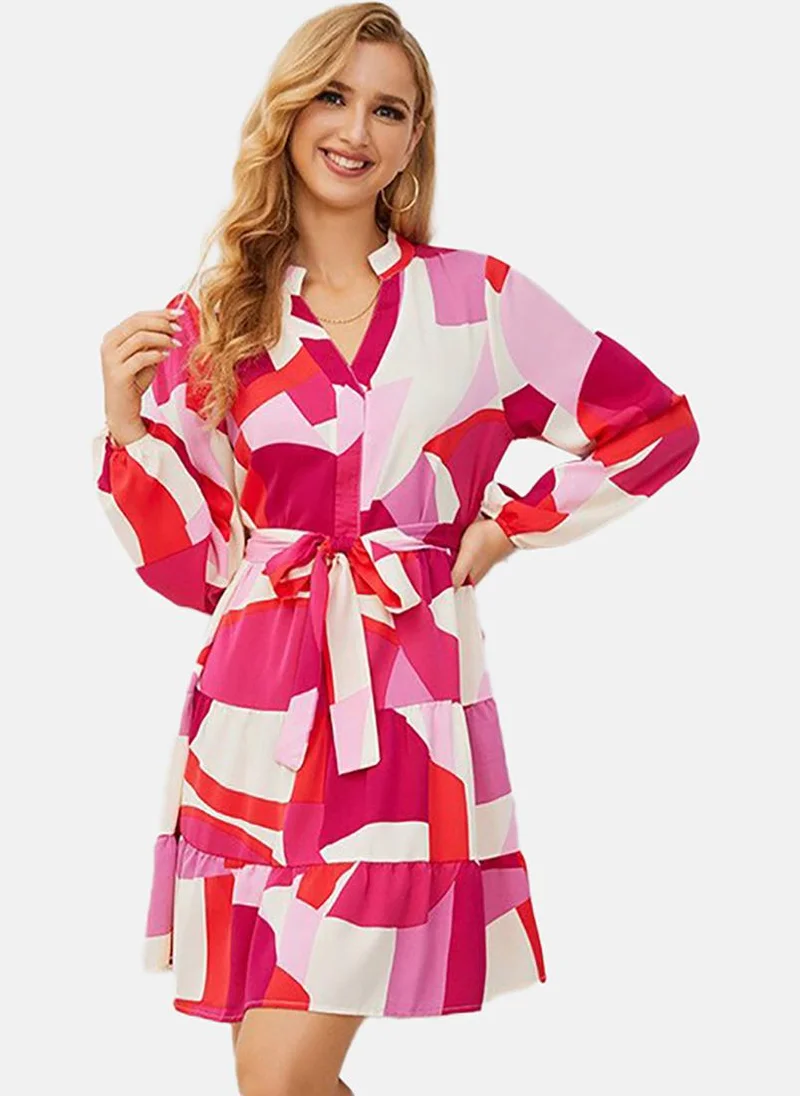 يونيكي Pink & white Geometric Printed Fit & Flare Dress