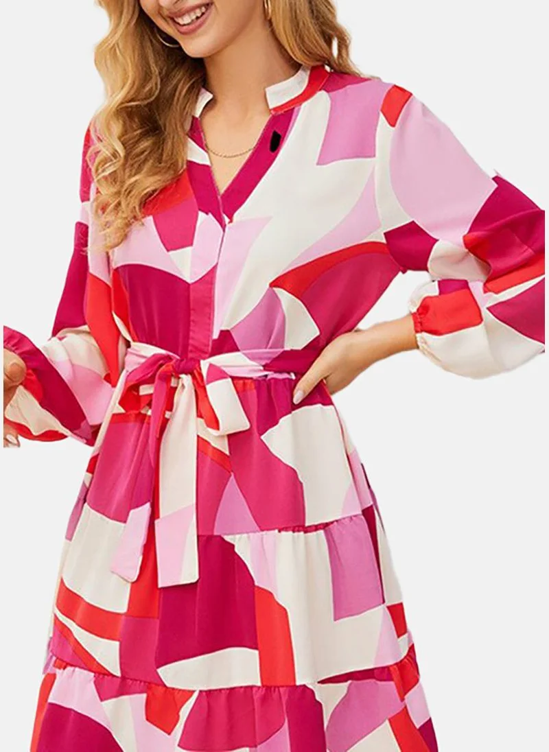 يونيكي Pink & white Geometric Printed Fit & Flare Dress