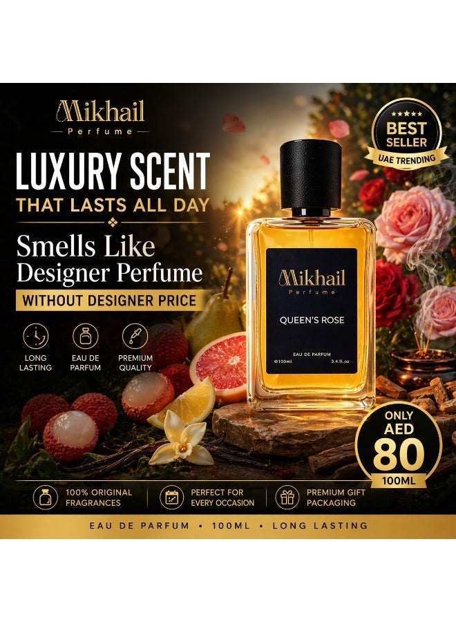 MIKHAIL Queen’s Rose by Mikhail | EDP| 100ML| Women – Luxurious Rose Floral Fragrance with Fruity Notes & Warm Musk Base, Long-Lasting Elegant Perfume - Image 3