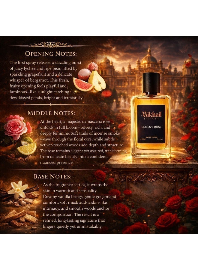 MIKHAIL Queen’s Rose by Mikhail | EDP| 100ML| Women – Luxurious Rose Floral Fragrance with Fruity Notes & Warm Musk Base, Long-Lasting Elegant Perfume - Image 4