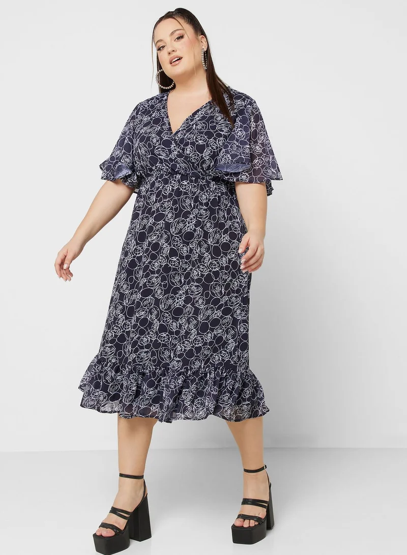 Ginger Plus Printed Bell Sleeve Fit & Flare Dress