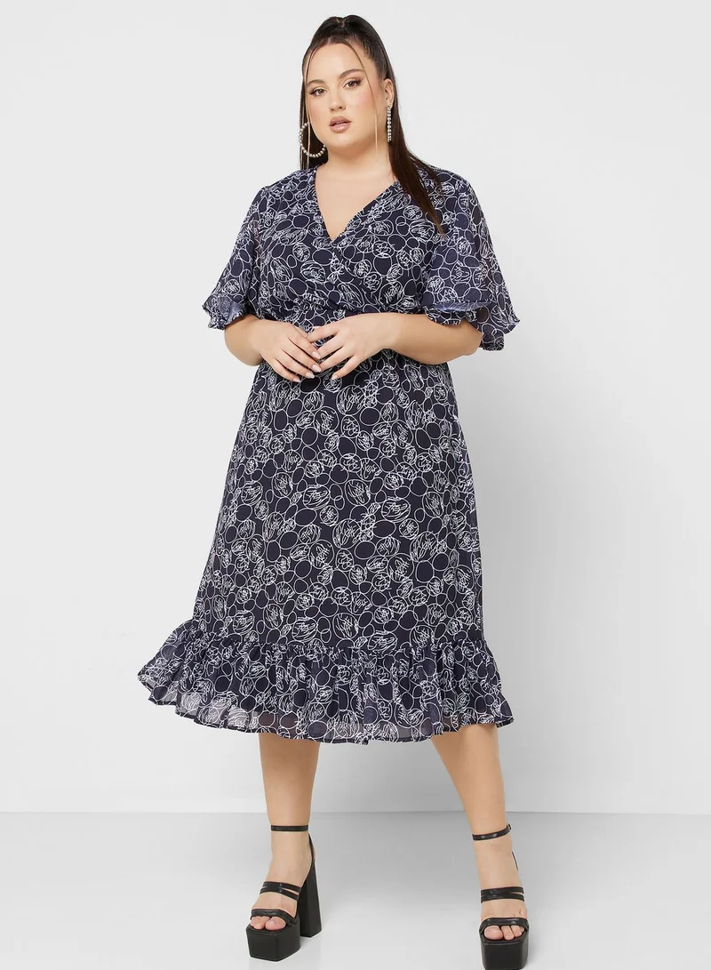 Ginger Plus Printed Bell Sleeve Fit & Flare Dress