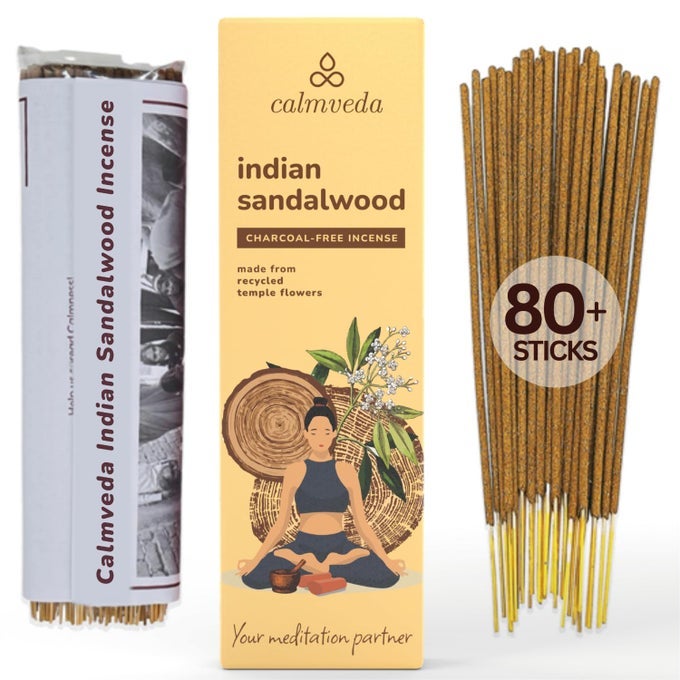 INDIAN SANDALWOOD INCENSE STICKS 80 STICKS CHARCOAL FREE UPCYCLED FLOWERS ALL NATURAL NON TOXIC MEDITATION STRESS RELIEF