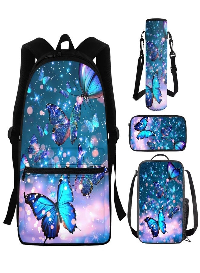 Dreaweet Girls Backpack with Lunch Box Blue Butterfly Bookbag with Lunchbox and Water Bottle Pocket & Pencil Case Kids School Bag Set 5th Grade Book Bag Lunch Bag Combo 4 in 1 - Image 1