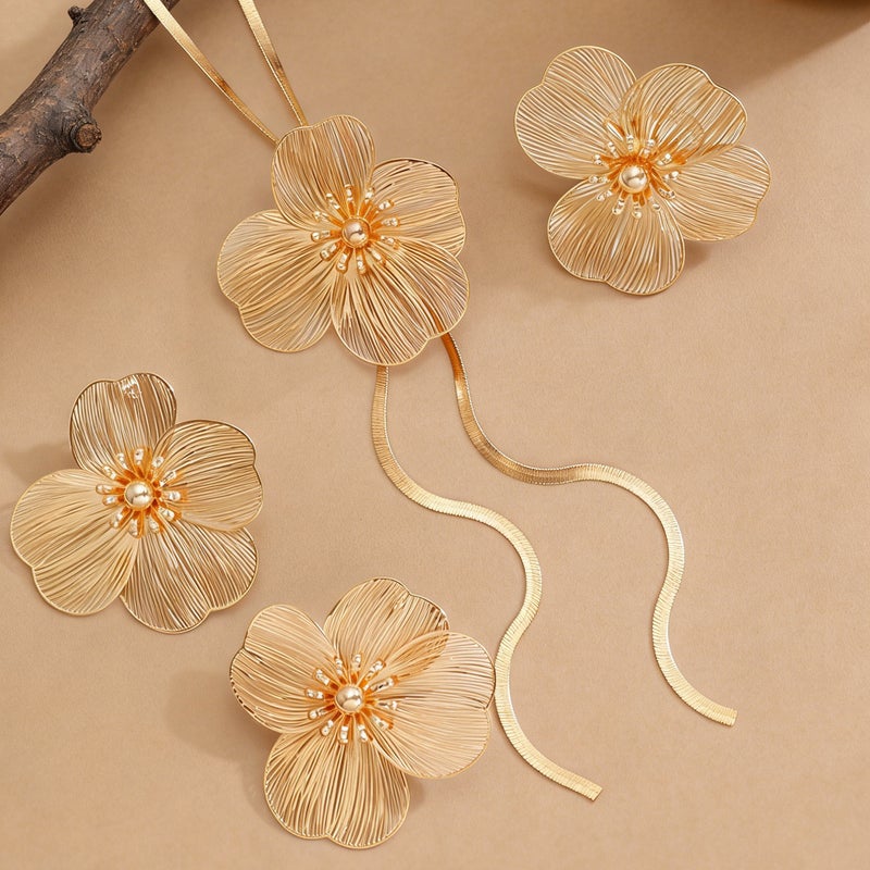 ofeankri Elegant French Style Retro Floral Earrings, Necklace & Ring Set - Unique Design Jewelry - Image 2