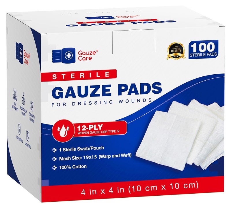 Gauze Care 100pc Large Sterile Gauze Pads 4x4 Sterile for Wounds Bulk - 12ply Woven Gauze Sponges 4x4 Sterile - USP IV Breathable Mesh 4x4 Gauze Pads Sterile for Enhanced Absorption - First Aid Medical - Image 1