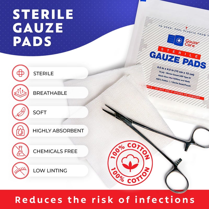 Gauze Care 100pc Large Sterile Gauze Pads 4x4 Sterile for Wounds Bulk - 12ply Woven Gauze Sponges 4x4 Sterile - USP IV Breathable Mesh 4x4 Gauze Pads Sterile for Enhanced Absorption - First Aid Medical - Image 2
