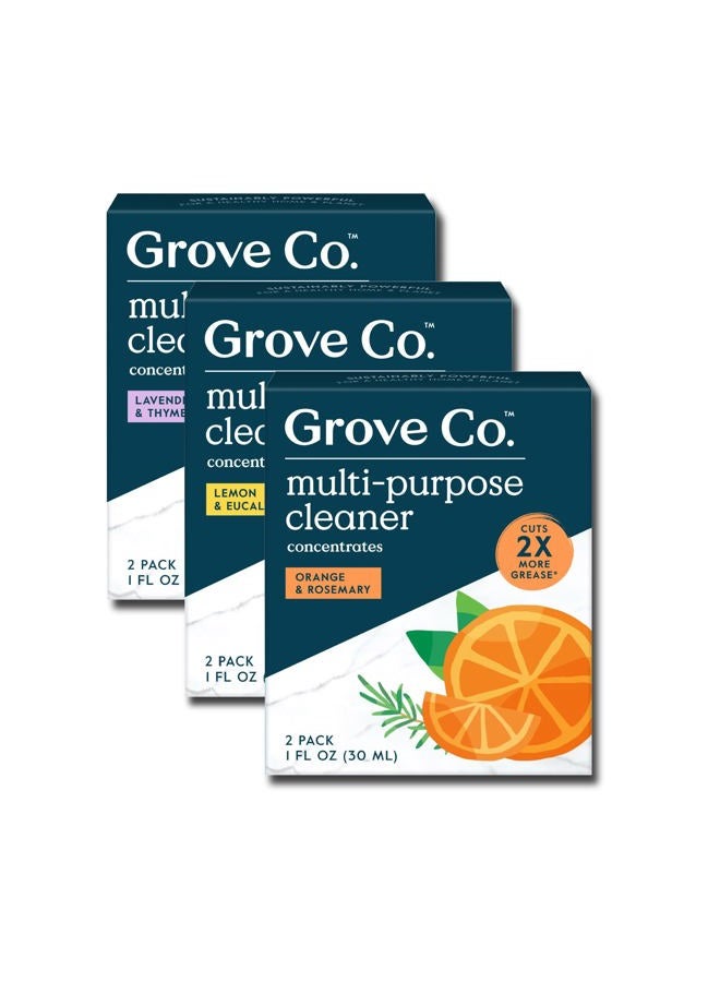 Grove Co. Multi-Purpose Cleaner, Refill Concentrate (6 x 1 Fl Oz) Plant-based Household Cleaning Supplies, Ammonia & Chlorine Free, No Plastic Waste, 3 Scent Variety Pack, Total 3 x 2 Pack Refills - Image 1