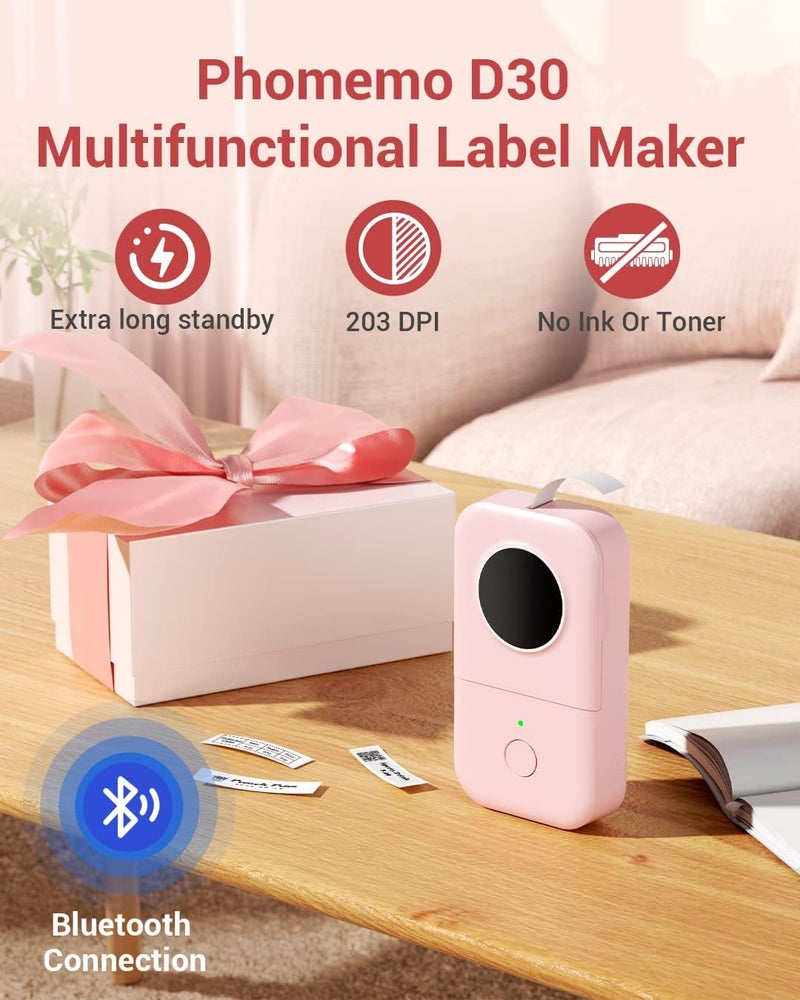 Label Printer D30 Mini Portable Thermal Labeler, Mini Label Makers, Typewriters, Bluetooth Connection, Home Office Organization, Gift for Women, Cute School Supplies, USB Rechargeable-Pink - Image 2