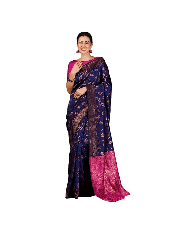 مملكة الإكسسوارات ساري كانجيفارام الناعم من قماش جاكار باناراسي النسائي مع قطعة بلوزة غير مخيطة - Image 1