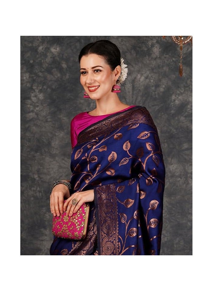 مملكة الإكسسوارات ساري كانجيفارام الناعم من قماش جاكار باناراسي النسائي مع قطعة بلوزة غير مخيطة - Image 3