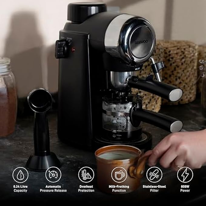 دايو ماكينة قهوة مضخة باريستا مع رغوة حليب مدمجة للكابتشينو واللاتيه والماكياتو وماكينة إسبريسو مع حماية من الحرارة الزائدة وتخفيف الضغط تلقائيًا Des4840 ضمان لمدة عامين - Image 2