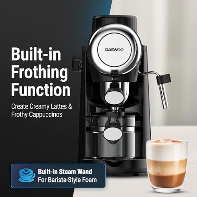 دايو ماكينة قهوة مضخة باريستا مع رغوة حليب مدمجة للكابتشينو واللاتيه والماكياتو وماكينة إسبريسو مع حماية من الحرارة الزائدة وتخفيف الضغط تلقائيًا Des4840 ضمان لمدة عامين - Image 3