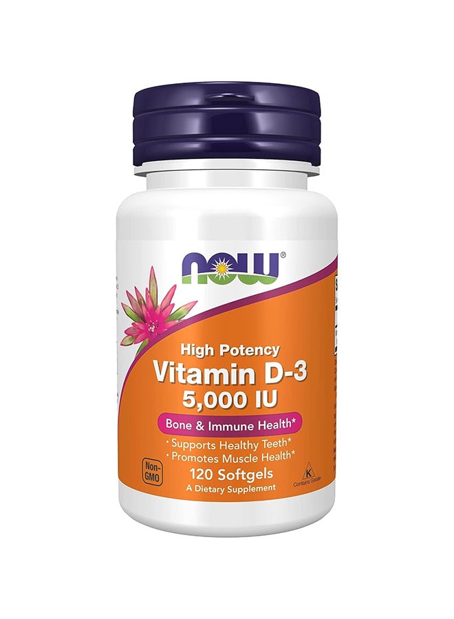ناو فودز مكمل غذائي غني بفيتامين د 3 عالي الفعالية بتركيز 5000 وحدة دولية - 120 كبسولة هلامية - Image 1