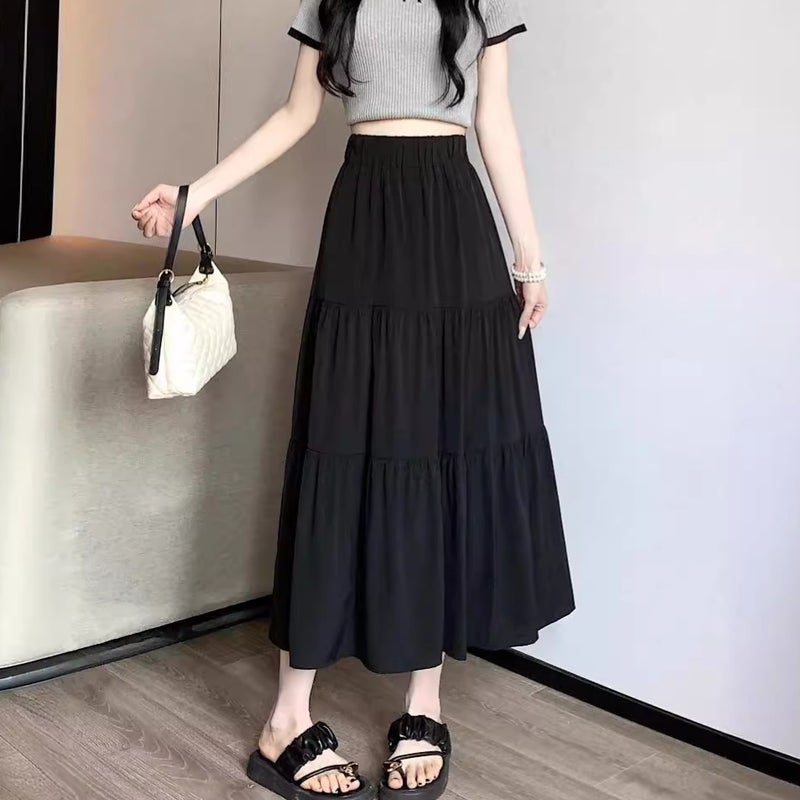 Black High Waist Pleated Skirt Women'S Spring Hip Covering Niche High-End Elegant Slim-Fit A- Line Long Skirt - Image 3