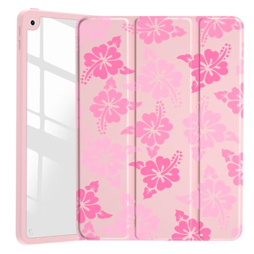JOYLAND Pink Hibiscus Flower Pattern Case for iPad (A16) 11th Gen 2025 11-inch/10th Gen 2022 10.9 inch, Clear Acrylic Hard Back Case with Pencil Holder Trifold Stand Tablet Cover for Women - Image 1