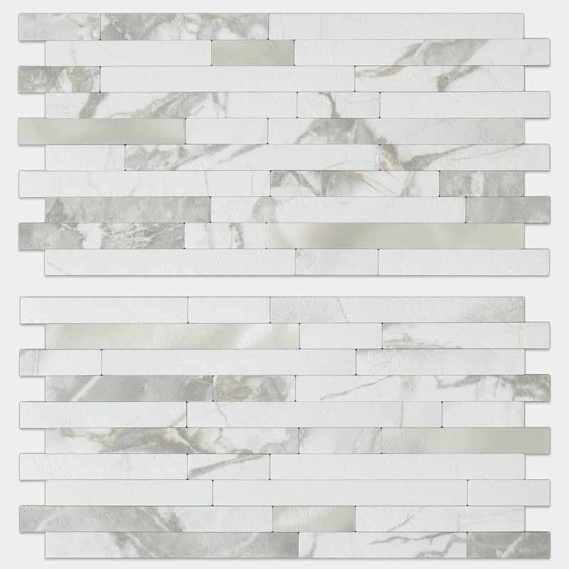 AULIGET 20 Sheets White Stone Peel and Stick Backsplash, PVC Mixed Metal Silver Wall Tile Stick on Backsplash for Kitchen and Bathroom - Image 1