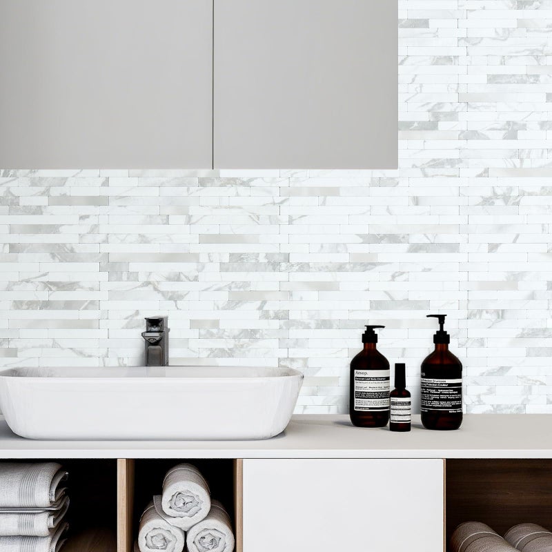 AULIGET 20 Sheets White Stone Peel and Stick Backsplash, PVC Mixed Metal Silver Wall Tile Stick on Backsplash for Kitchen and Bathroom - Image 4