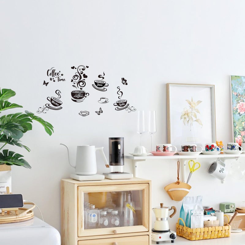 SUPERDANT 10Pcs Coffee Time Wall Sticker Mocha Latte Java Butterfly Wall Decor Black Peel and Stick Vinyl Art Decals Kitchen Stickers for Home Coffee Corner Cafe Bar Decoration 19.6x11.8in - Image 5