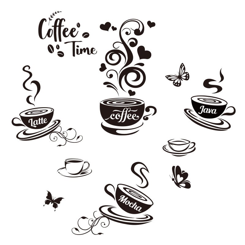 SUPERDANT 10Pcs Coffee Time Wall Sticker Mocha Latte Java Butterfly Wall Decor Black Peel and Stick Vinyl Art Decals Kitchen Stickers for Home Coffee Corner Cafe Bar Decoration 19.6x11.8in - Image 1