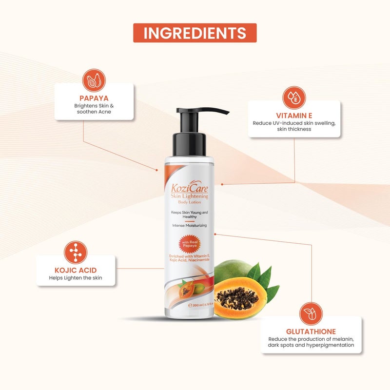 Kozicare Cream Papaya Body Lotion 200ml  Shea Butter  Niacinamide  Kojic Acid Body Lotion for Women  Men  Skin Lightening  Hydrating  Non Greasy  Fast Absorption  Moisturizer for Body  Pack of 2 - Image 4