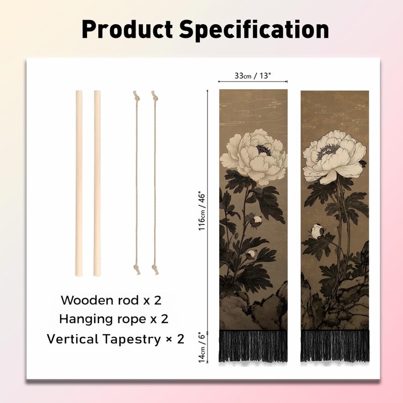 PLIGREAT 2 Pack Japanese Peony Vertical Tapestry with Tassels Elegant Flower Wall Hanging for Bedroom Bathroom Living Room Warm Long Narrow Wall Hanging Dorm Room Home Art Decor - Image 4