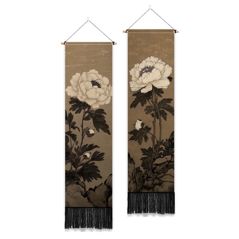PLIGREAT 2 Pack Japanese Peony Vertical Tapestry with Tassels Elegant Flower Wall Hanging for Bedroom Bathroom Living Room Warm Long Narrow Wall Hanging Dorm Room Home Art Decor - Image 1