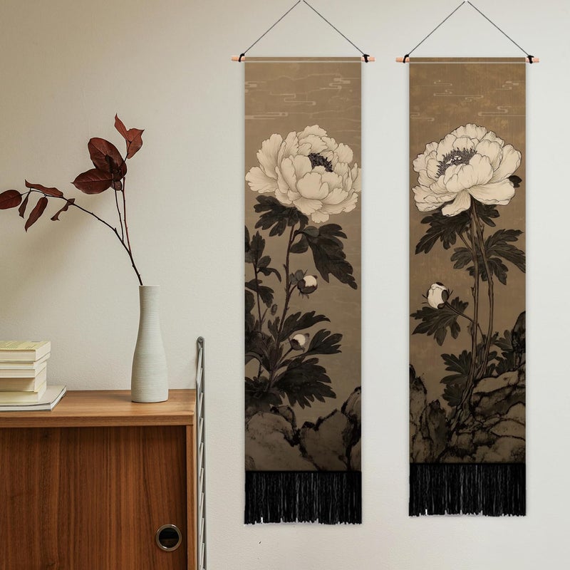 PLIGREAT 2 Pack Japanese Peony Vertical Tapestry with Tassels Elegant Flower Wall Hanging for Bedroom Bathroom Living Room Warm Long Narrow Wall Hanging Dorm Room Home Art Decor - Image 2