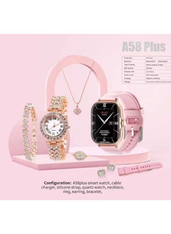 5IN1 Smart Watch A58 Series Supports Bluetooth Call Ultra Long Endurance Sleep Monitoring + Additional Women's Diamond Set Small Gold Watch Necklace Ring Earrings Bracelet Set Gift Box