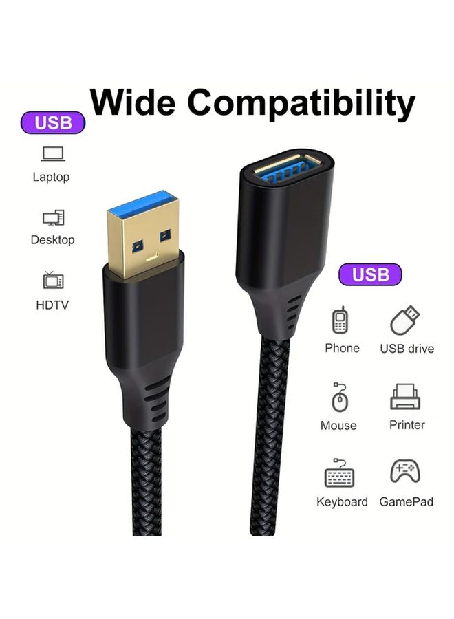 كابل تمديد USB 3.0 بطول 2 متر، مضفر، ذكر إلى أنثى، بيانات عالية السرعة، أسود - Image 5