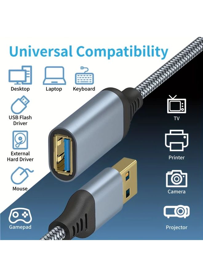 كابل تمديد USB 3.0 بطول 2 متر، مضفر، ذكر إلى أنثى، بيانات عالية السرعة، أسود - Image 3