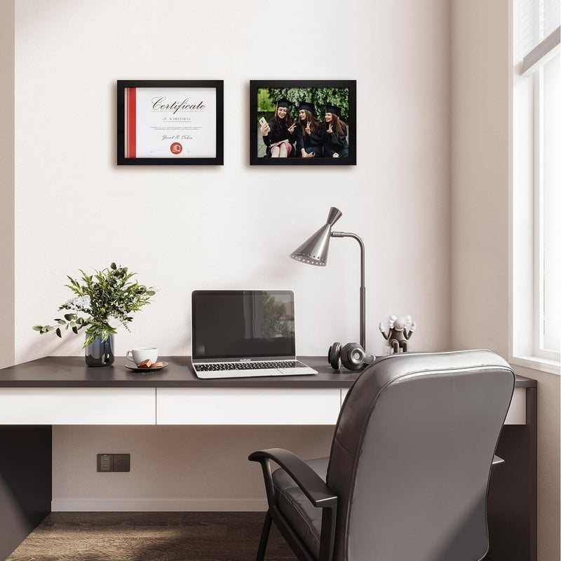 Frametory, 8.5 x 11 Picture Frame with Back Hangers for Wall Display, Easel Stand for Tabletop, for Certificates, Documents, Awards, Acknowledgements, Wide Molding (Black, 1-Pack) - Image 4