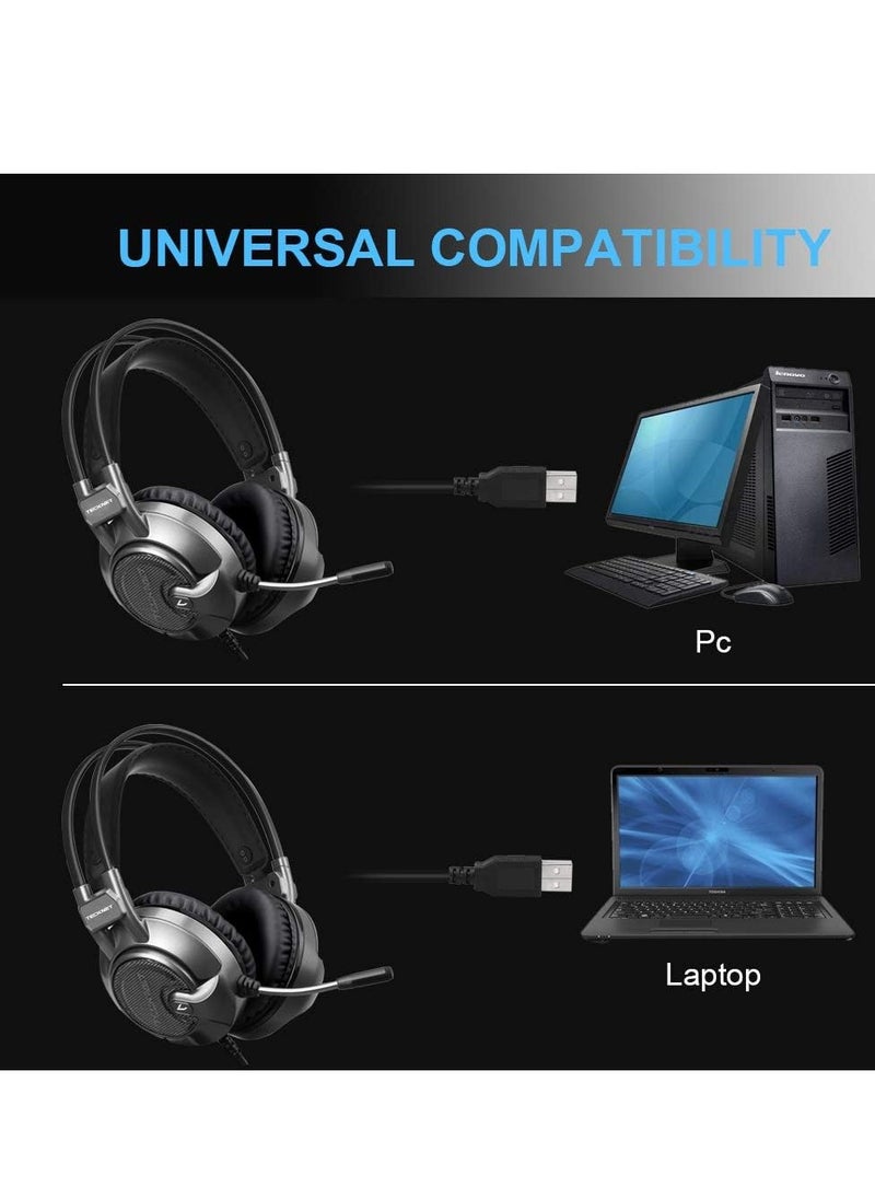 TECKNET Gaming Headset, 7.1 USB Surround Sound Headphones Headband With 2.2 Meter Cable, Blue LED Lighting, Noise Cancelling Microphone and Volume Control for PC Computer Laptop  - Image 5