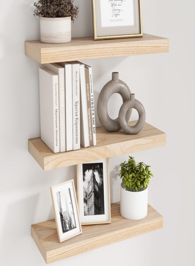 fuqing Natural Wood Floating Shelves - Wood Floating Shelves for Wall Set of 3-17 Inch Wide x 6.7 Inch Deep Natural Wooden Shelves for Living Room Bedroom Home Office - Image 1