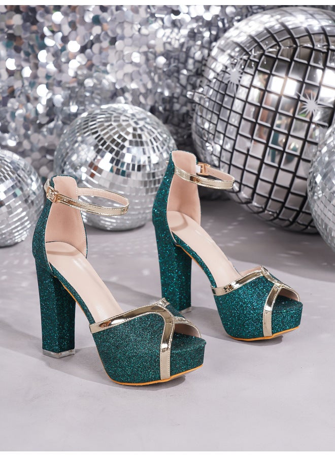 Fashion New Style Green Large Size Platform Nightclub Romantic Formal Open Toe 10cm Heel Shoes