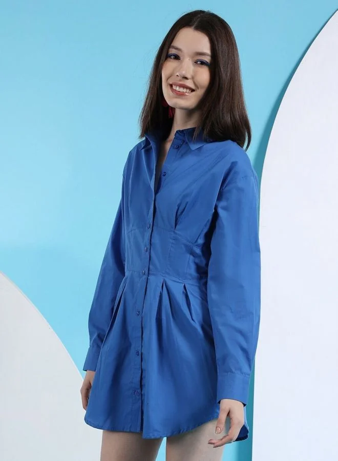 Freehand  Women Fit and Flared Solid Shirt Collar Long Sleeve Shirt Dress for Women | Best Price UAE