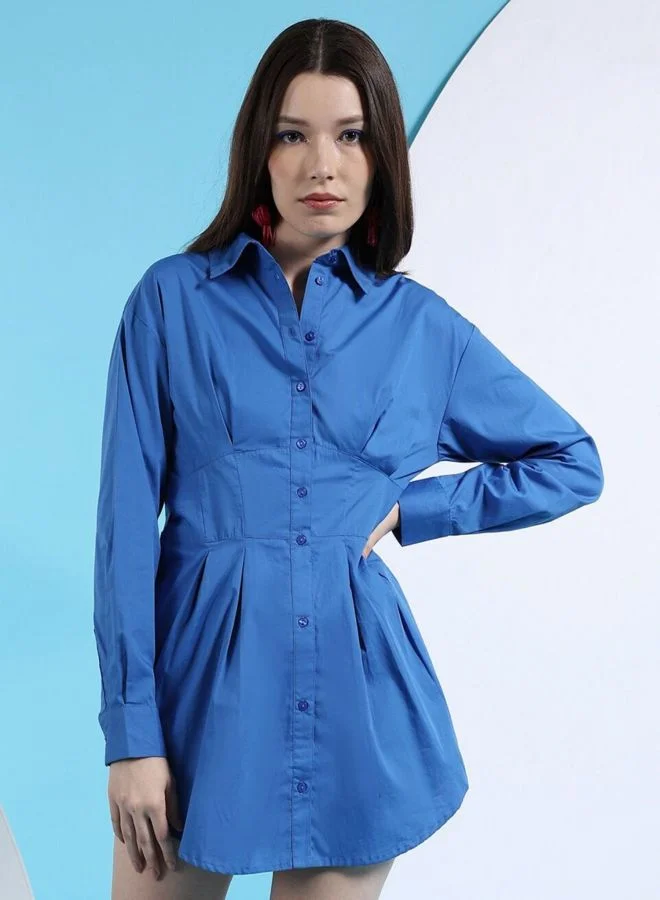 Women Fit and Flared Solid Shirt Collar Long Sleeve Shirt Dress