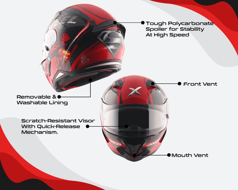 Axor Hunter DC Superman ISI ECE and DOT Certified Gloss Finish Full Face Helmet for Men with Pinlock Fitted Clear Visor and Stylish Ducktail Spoiler-Red Black-M - Image 4
