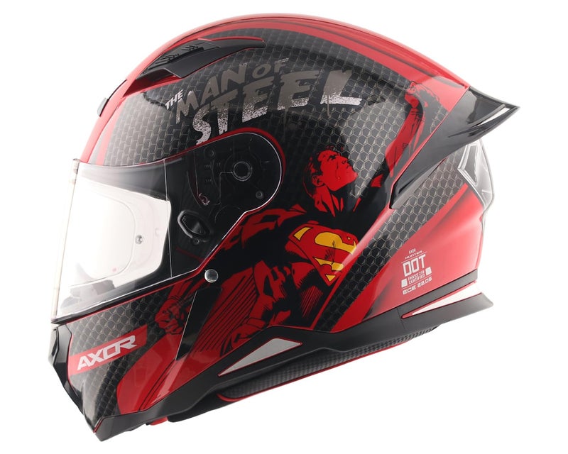 Axor Hunter DC Superman ISI ECE and DOT Certified Gloss Finish Full Face Helmet for Men with Pinlock Fitted Clear Visor and Stylish Ducktail Spoiler-Red Black-M - Image 1