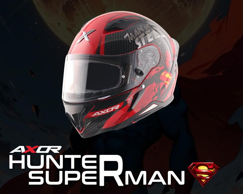 Axor Hunter DC Superman ISI ECE and DOT Certified Gloss Finish Full Face Helmet for Men with Pinlock Fitted Clear Visor and Stylish Ducktail Spoiler-Red Black-M - Image 3